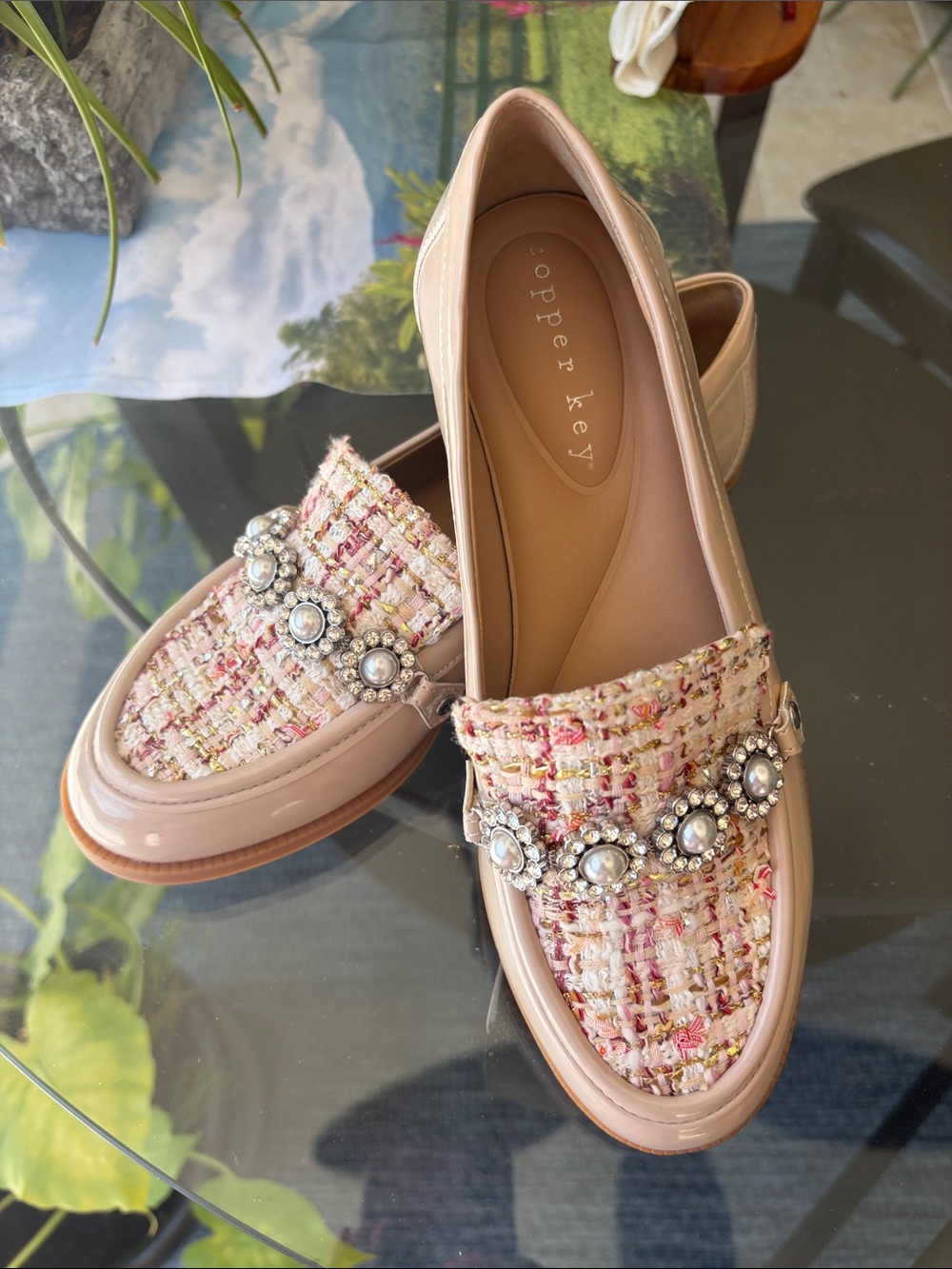 Copper Key Pink Tweed Pearl-Embellished Loafers